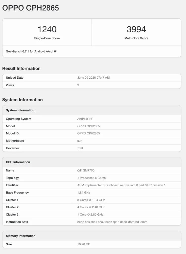 رصد مواصفات هاتف Oppo Reno 16 العالمي على منصة Geekbench بمعالج Snapdragon